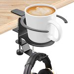 LBTING Desk Cup Holder, 2-in-1 Adjustable & 360° Rotating Office Gaming Desk Accessories for Under Desk Headphone Stand Hanging Headset, Holding Coffee Mug, Drinks, Water Bottle – Black