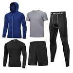 BUYJYA 5Pcs Men's Compression Pants Shirt Top Long Sleeve Jacket Athletic Sets Gym Clothing Mens Workout