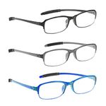 NRDIK PROFLEX SpareSpecs Reading Glasses (value 3 pack) - lightweight impact resistant, scratch resistant, bendy, flexible, anti-slip, unisex (mens + womens) (blue, black, grey; oval; +2.0)