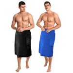 Tudomro 2 Pieces Men's Body Wrap Towel Adjustable Sauna Towels Spa Wrap with Pocket After Shower Wrap Terry Bath Towels Bath Wrap for Men Shower Bath Dorm Room Gym(Medium,Black, Bright Blue)