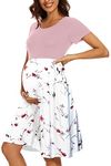 WOOXIO Women's Fashion Short Sleeve Maternity Dress with Pockets Patchwork Pregnancy Clothes Pink-Floral White,XXL