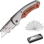 WORKPRO Folding Utility Knife, Quick-Change Box Cutter with Stainless Steel Head & Liner Lock, Wood Handle Razor Knife and Extra 10PC SK5 Blades