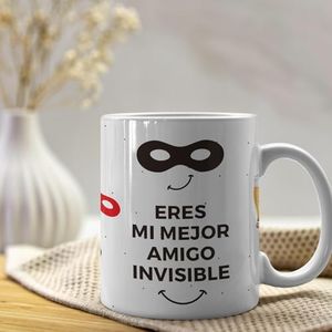 HappyMots Taza regalo Amigo Invisible | Hechas en Cerámica de Calidad | Tazas Desayuno | Apta Para el Microondas y el Lavavajillas | Tazas divertidas | Regalo amigo invisible