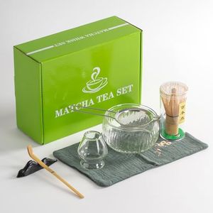 DWEHIXBUY Japanese Tea Set (7pcs) Matcha Whisk Set Matcha Bowl with Pouring Spout Bamboo Matcha Whisk (chasen) Scoop (chashaku) Matcha Whisk Holder Tea Making Kit. WHITE GLASS