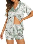 Ekouaer Womens Satin Silk Pajamas Set Short Sleeve Button Down Top and Shorts Sleepwear 2 Piece Pjs Set,Light Green Floral,X-Large