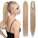 FUOTONBUTY Claw Clip Ponytail Extension, 100% Real Remy Human Hair, Long Straight Ponytail for Women (Balayage Wheat Blonde to Bleach Blonde, 18 inch)