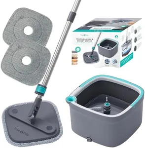 True & Tidy, True Clean Spin Mop and Bucket System, Includes Spin Mop, Dual Compartment Mop Bucket and 2 Thick Washable Microfiber Mop Pads, SPIN-800A, Gray