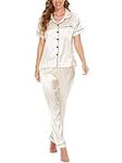 MyFav Womens Silk Satin Pyjamas Set Short Sleeve Loungewear Two-Piece Sleepwear Button-Down Pj Set,Champagne,XS