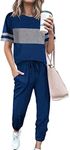 PRETTYGARDEN Women's Two Piece Outfit Short Sleeve Pullover with Drawstring Long Pants Tracksuit Jogger Set (Striped Bright Blue,Small)