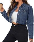 Grabsa Women's Cropped Jacket Button Down Long Sleeve Denim Jean Jacket Pockets, Purplish Blue Navy, Medium