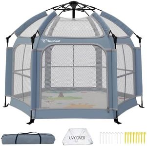 Baby Playpen with Canopy, Portable Indoor & Outdoor for Baby and Toddler, Foldable Pop up Playpen with Mat, Play Yard with Travel Bag, 6 Ground Stakes, 6 Sand Stakes