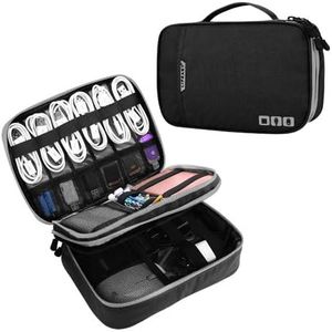 Gocokia Double Layer Electronic Accessories Organizer, Handle Waterproof Travel Cable Organizer Portable Gadget Bag Carry Pouch for pad mini,Hard Drives, Power (L, Black)