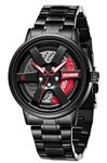 V2A Vortex Wheel Rolling Series Men’s Analog Watch Open Dial Watch – Car Wheel-Inspired Design, Hollow Out Elegance Casual Watch for Men | Gift for Men (Black-Red-1)