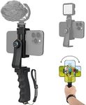 Ergonomic Anti-falling Cell Phone Vlogging Hand Grip Stabilizer Smartphone Holder Rig Mount Video Kit w/Safety Strap Portable Selfie Stick for iPhone Samsung (Landscape+Portrait)-Mic/Light Adaptable