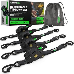 Attaches de câble rétractables à cliquet (paquet de 4) – 540 kg une résistance à la rupture maximale, y compris (4) attaches de câble auto-rétractables de 2.5 cm x 3 m avec poignées rembourrées - Noir