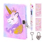 PrinBarBee Unicorn Diary with Lock for Girls,Cute Plush Journal Notebook Set for Kid with Stickers,Fluffy Secret Notebook for Writing and Drawing Gifts for Girls ages 6-8