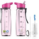 Water Bottle with Straw - Leakproof Adult Plastic Bottle - Motivational Time Markings To Drink - BPA Free Sports Drinks Bottle for Gym, Men Women Kids - Reusable Drinking Bottle 750ml (Pink)