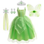 Atorcher Tinkerbell Costume for kids Green Fairy Fancy Dress Up Party Outfit with Butterfly Wing, Fairy Wand and Crown for Girls Birthday Party Halloween Christmas Cosplay (9-10 Years)