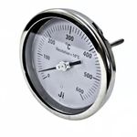 "Ji" Japsin Instrumentation Bimetal Dial Thermometer Temperature Gauge, 4" Dial, Range 0 to 600 Deg C, Direct Mounting Back Entry, 6" long Stem X 10 mm OD, 1/2" BSP (M) Connection, SS Body