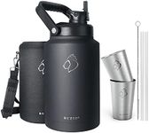 Gallon Water Bottle 128 oz with Straw Lid and Carrying Sleeve, BUZIO Insulated Water Jug 128oz Stainless Steel with Two Beer Cups, Hot Cold Hydro Metal Canteen Water Flask, Double Wall, Black