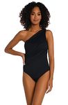 La Blanca Womens Island Goddess Shirred One Shoulder One Piece Swimsuit, Black, 10