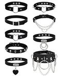 JeweBella 9PCS Gothic Choker Necklace Set for Women PU Leather Necklace Set Punk Chain Black Necklace Choker Rock Spike Leather Choker Necklace Love Heart Choker Adjustable