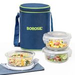 Borosil Klip n Store Lunchbox with Bag | Set of 3 (400 ml Each) | Borosilicate Glass, Round, Vertical | Microwave & Dishwasher Safe, Leak Proof | Tiffin for Office, School, College | Blue