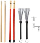 Drum Sticks Set Included 1 Pair 5A Maple Wood Drum Sticks, 1 Pair Drum Wire Brushes Retractable Drum Stick Brush, 1 Pair Rods Drum Sticks and 2 Pack Drum Keys in Storage Bag for Jazz, Folk