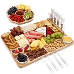 hecef Cheese Board Set of 13, Bamboo Charcuterie Board & Snack Tray, 2 Ceramic Bowls, Cheese Knives Set, Magnetic Knife Stand, Cheese Board and Knife Set for Anniversary, Mother's Day