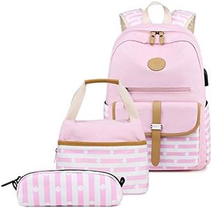 MITOWERMI Canvas Backpack Set Girls Bookbags Set 3 in 1 College Laptop Backpack Striped Prints with Lunch bag(Light Pink)