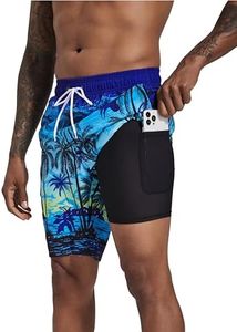 difficort Mens Swimming Trunks with Compression Liner Quick Dry Board Shorts Swimsuit with Zipper Pockets,Blue Coconut Tree,Medium