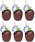 24 x Coconut Cups with Paper Straws - Reusable Plastic 18oz Hawaiian Party Cups with Decorative Flowers for Tropical Luau, Tiki, Hula, Beach Parties - Perfect for Cocktails & Exotic Drinks