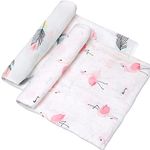 RONGRONG 2 Packs Baby Muslin Swaddle Blankets, 47 x 47 Inch Bamboo Cotton Large Soft Baby Receiving Blankets, Newborn Swaddle Wrap (Flamingo & Feather Print)