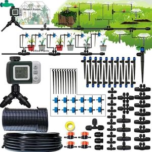 Drip Irrigation System with Water Timer 162ft Drip Irrigation Kit 5/16“ID and 1/4 Inch Pipe Auto Watering System for Garden Adjustable Spray, for Greenhouse, Garden, Lawn, Potted Plants Black