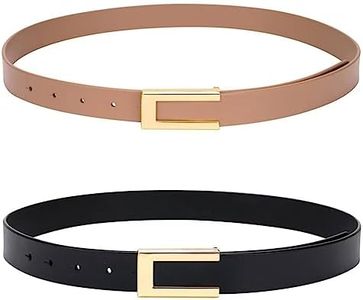 Womens Leather Belt Skinny Waist Belt for Dresses Jeans Pants with Gold Buckle, Black+khaki (2 Pack), Fit Waist 34"-38"