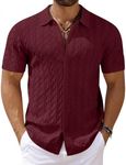 COOFANDY Men's Casual Cable Knit Shirts Button Up Shirts Short Sleeve Shirt Crochet Polo Resort Shirts Slim Fit Shirts Claret