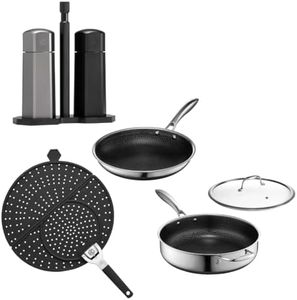 HexClad Hybrid Nonstick 6-Piece Cookware Set, Splatter Screen, 10" Pan, 4.5-Qt Sauté Pan with Lid, and Tabletop Salt and Pepper Grinder Set, Stay-Cool Handles, Dishwasher and Oven-Safe, Induction Read