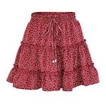 LAEMILIA Womens Elastic Waist Flared Short Skirt Floral Print Pleated Mini Skater Skirt with Drawstring