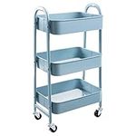 DOEWORKS 3-Tier Storage Cart Rolling Trolley Cart Metal Utility Shelves with Wheels and Handles for Kitchen Makeup Bathroom Office, Grey-Blue