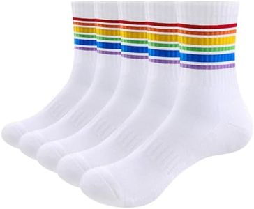 YUEDGE Women's Striped Crew Socks Vintage Cotton Cushioned Athletic Socks Vintage Casual Socks for Women Size 6-10 Rainbow, 5 Pairs