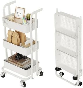 DTK Mini 3 Tier Foldable Rolling Cart, Metal Utility Cart with Lockable Wheels, Folding Storage Trolley for Living Room, Kitchen, Bathroom, Bedroom and Office, White-Small