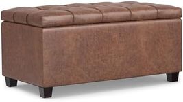 SIMPLIHOME Sienna 33 inch Wide Transitional Rectangle Storage Ottoman Bench in Distressed Saddle Brown Vegan Faux Leather, Assembled, for The Living Room, Entryway and Family Room