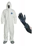 DuPont TY122S Disposable Elastic Wrist, Bootie & Hood White Tyvek Coverall Suit 1414 (Medium w/ Protective Gloves)