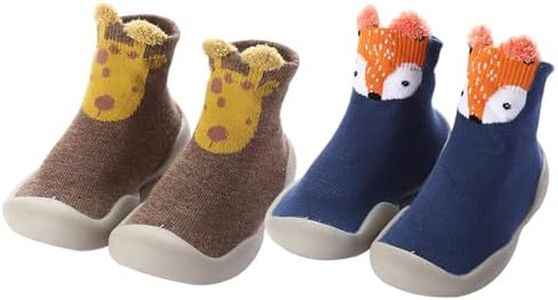 FABRST 2 Pairs Baby Sock Shoes Toddler Infant Non Slip Soft Rubber Sole Slippers First Walking Shoes for Baby Boys Girls（Blue Coffee Animal, 6-12Months