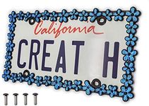 Creathome 3D Shining Daisy Wrenth License Plate Frame from Pure Zinc Alloy Metal Perfect Plate Holder,Matt Black with Blue Glitter