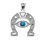 Elegant Sterling Silver Blue Stone Evil Eye Protection Horse Shoe Good Luck Pendant, Sterling Silver, blue stone