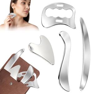 4-in-1 Gua Sha Edelstahl, Edelstahl Muskelschaber Werkzeug, Lymphdrainage Massage Tool, Muskel Faszien Schaber mit Filz Aufbewahrungstasche für Beine, Rücken, Gesicht, Nacken, Massage Gua Sha