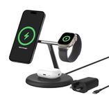 Belkin 3-in-1 Wireless Charging Stand with Magnetic MagSafe Compatible Qi2 15W, Fast Charging iPhone Charger for iPhone 16, 15, 14, and 13 Series, AirPods, Apple Watch, & More (PSU included) - Black