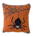 Plow & Hearth Indoor/Outdoor Lighted Halloween Spider Web Pillow, All-Weather Hooked Polypropylene with Poly-Canvas Back and Battery-Operated LED Lights, 18" sq.