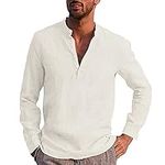 LRWEY Feitong Men Shirt Long Sleeve Cotton Lightweight Shirt Casual Stand Collar Shirt Solid Shirt Pocket Henley Shirt (White, S)